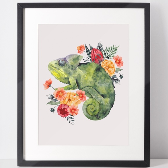 Other - Wall Art Watercolor Floral Chameleon Illustration Print Poster Unframed